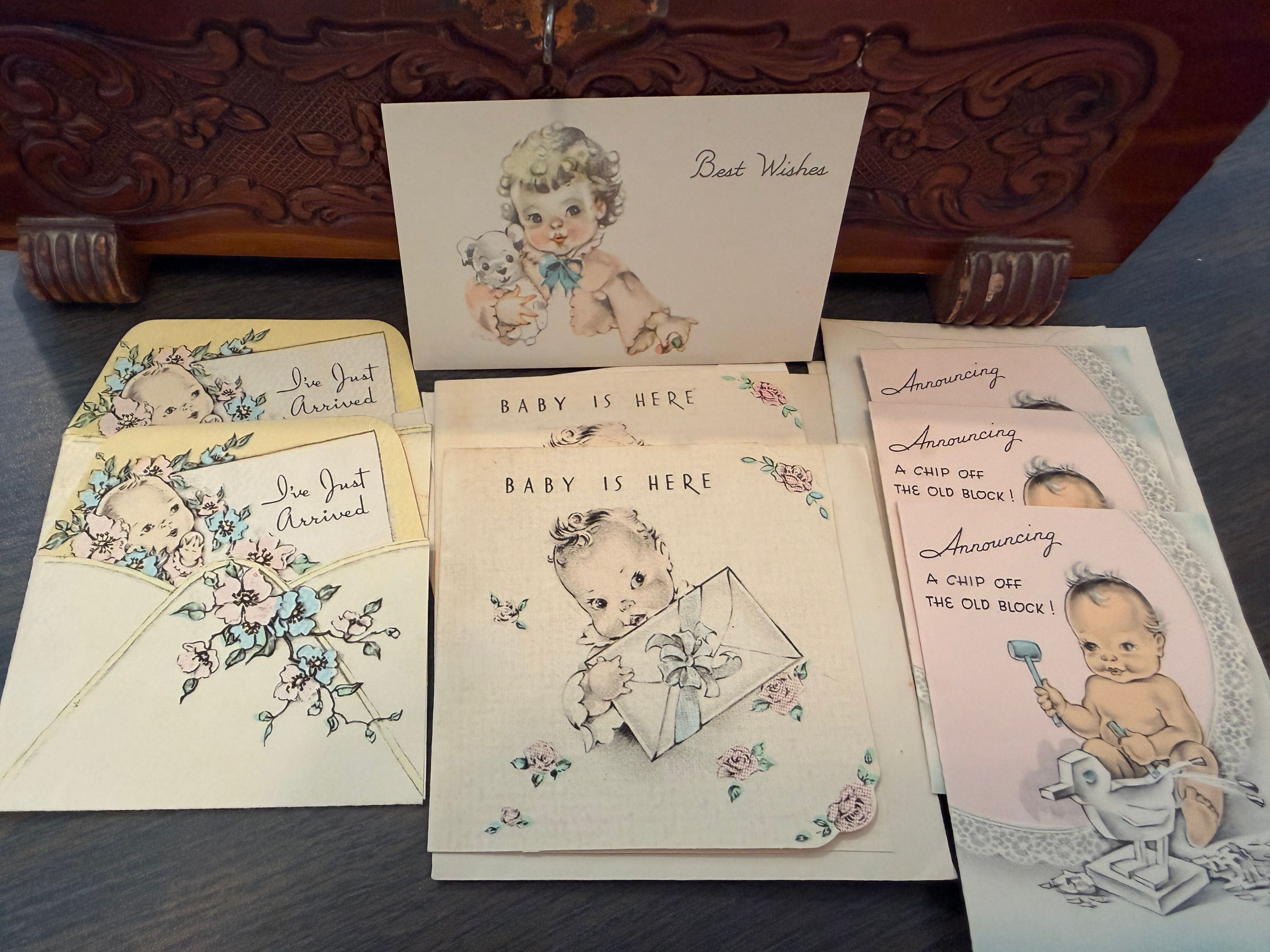 Vintage Baby Announcements (Set of 5) & Hallmark Bag