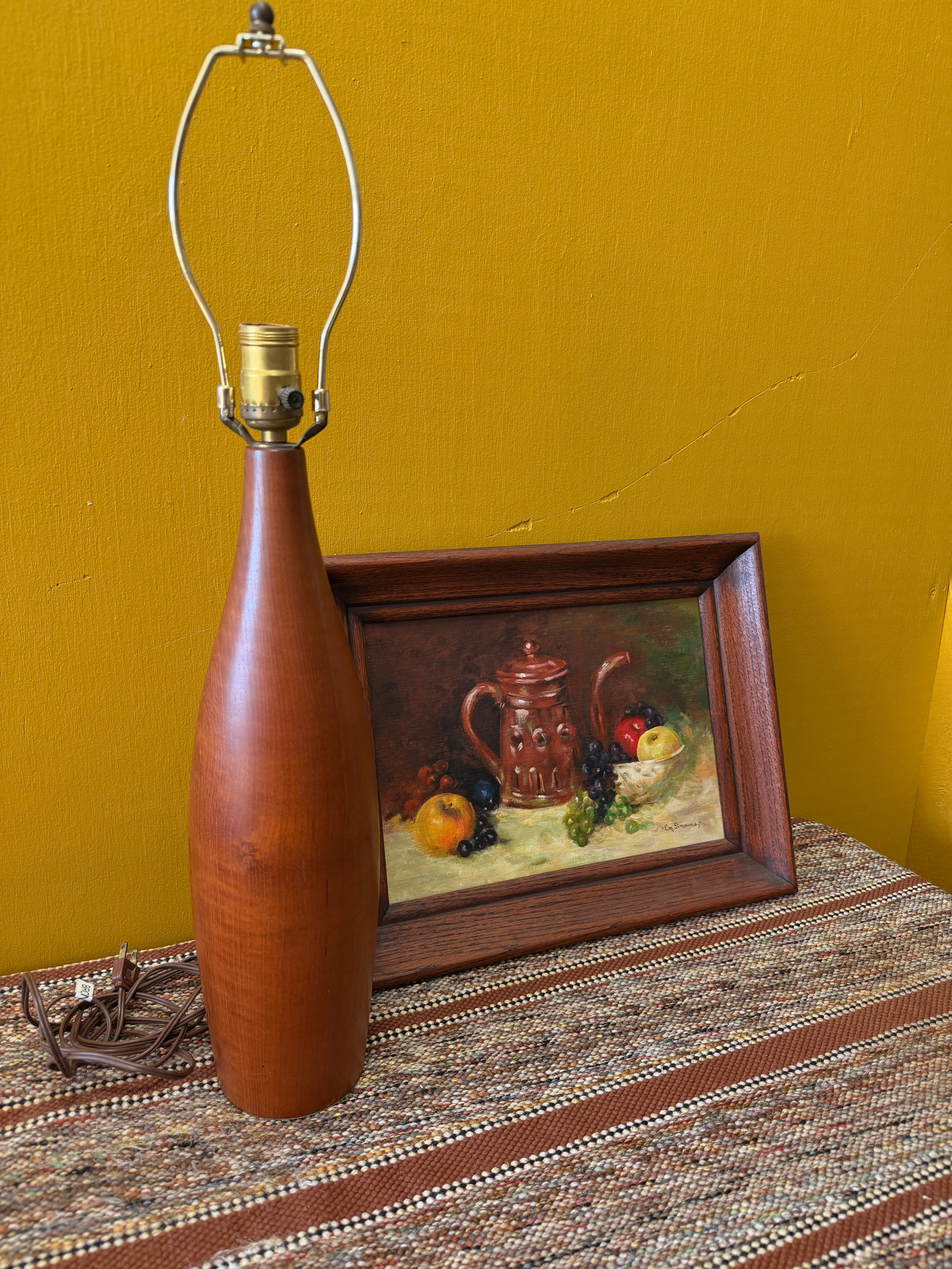 Teak Lamp & Framed Oil Painting