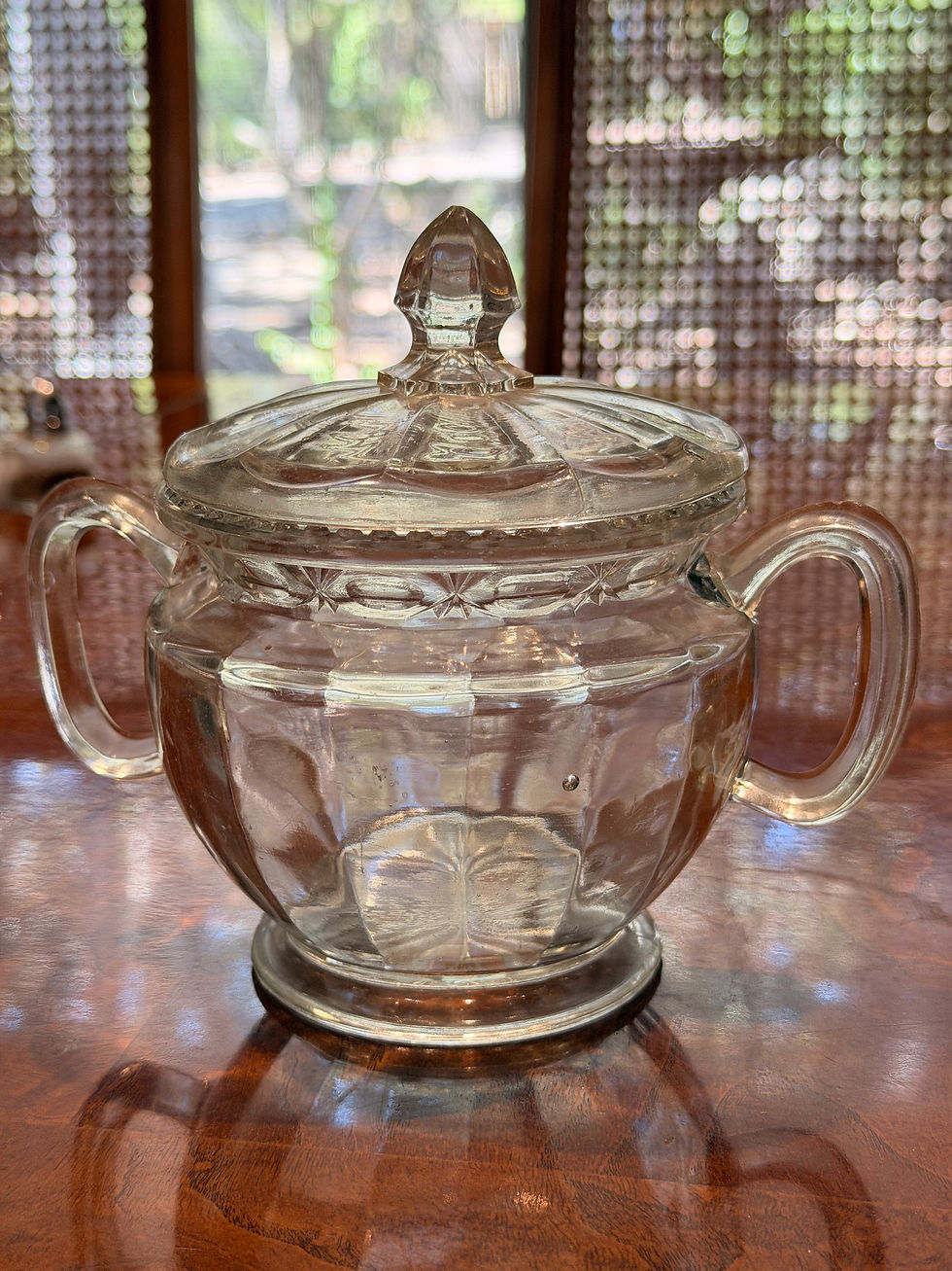 Thumbnail: Vintage Pressed Clear Glass Double-handled Sugar Bowl with a Matching Lid