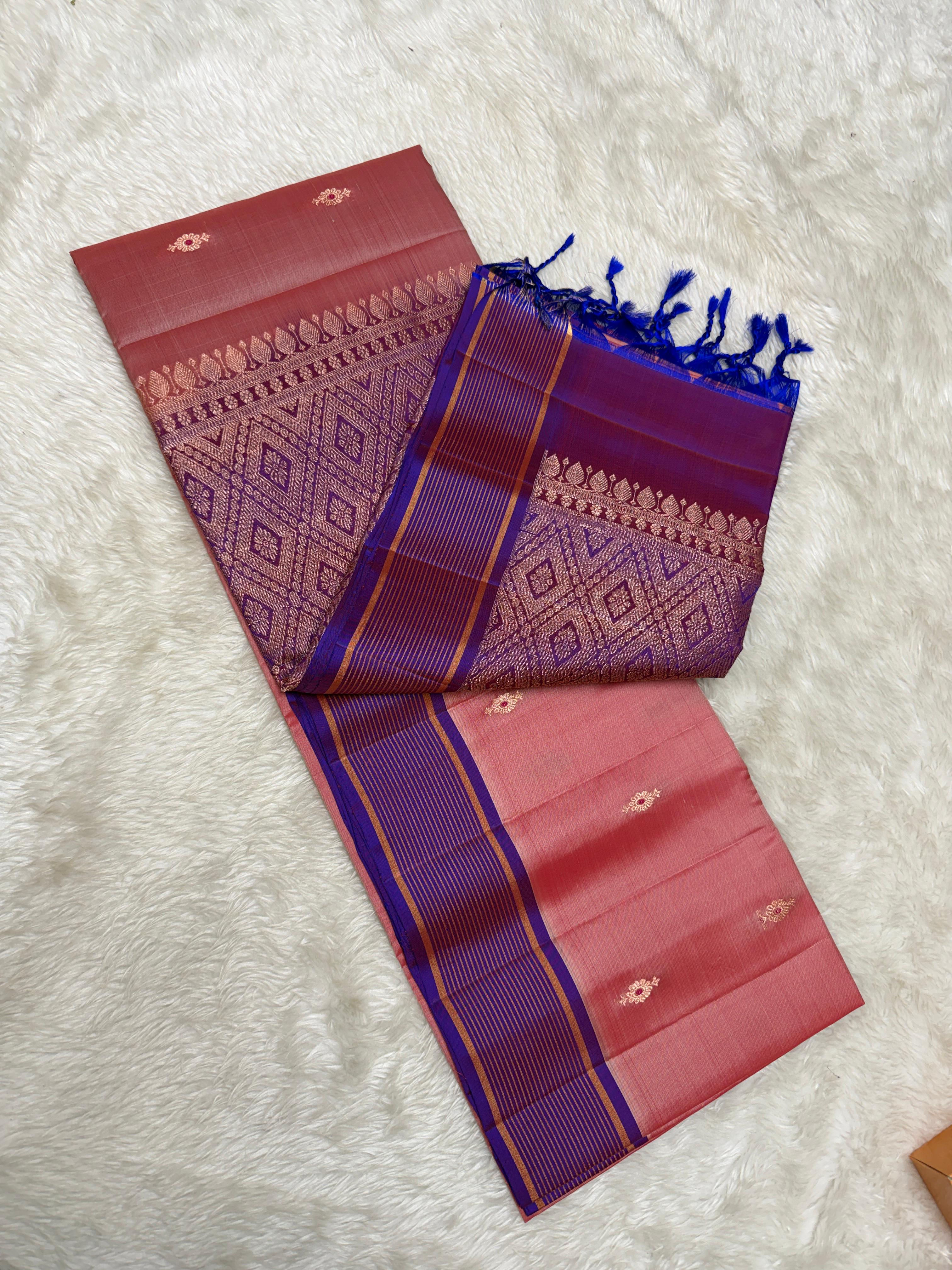Pure kanchipuram soft silk - blue with peach pink