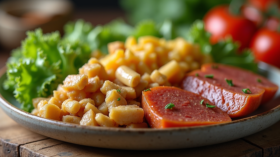 Close-up of a balanced meal with proteins, carbs, and vegetables