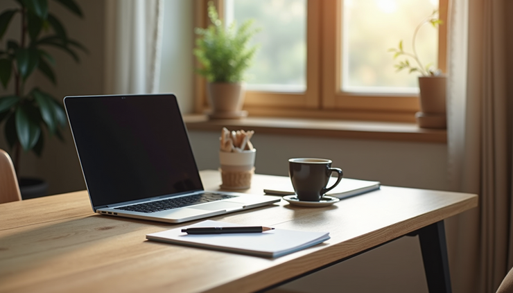 Eye-level view of a home workspace with a laptop, notebook, and coffee cup on a wooden desk
