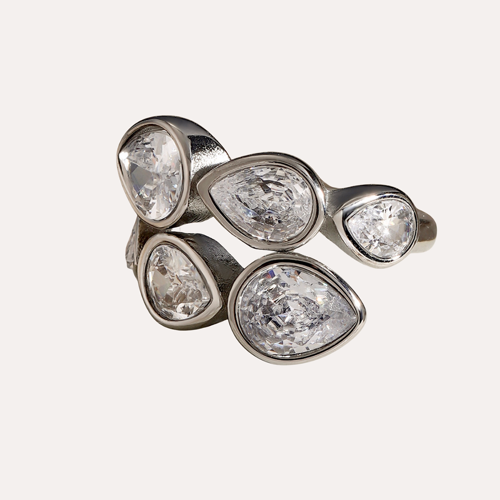 Thumbnail: Adjustable Open Ring 18K Gold Plated Stainless Steel Round Pear Cubic Zirconia