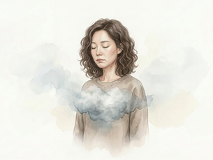 A soft watercolor illustration of a person with a gentle mist-like feeling around the chest, symbolizing a stuck emotion that hasn’t been released.