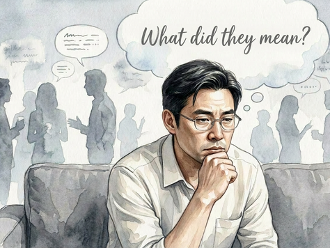 一名男子安靜坐著沉思,背景有模糊的人群與對話氣泡,其中一個氣泡寫著「What did they mean?」,呈現因他人一句話而反覆思考的狀態。