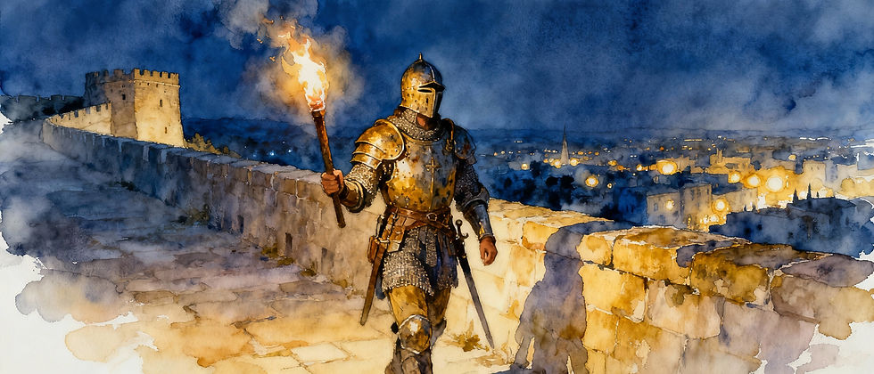 「水彩插畫呈現一位夜間巡守的護衛,象徵 nervous system 的保護角色,以及人在疲累時身體發出的守護訊號。」
“Watercolor illustration of a night guard holding a torch, symbolizing the protective role of the nervous system and how it responds during nervous system fatigue.”