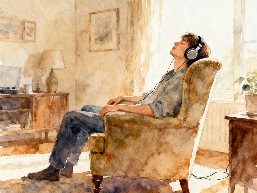 「水彩插畫呈現一位戴著耳機、靠在扶手椅上休息的人物,象徵 nervous system fatigue 時透過安靜和聆聽來進行自我調節。」
“Watercolor illustration of a person reclining in an armchair with headphones, representing self-regulation and quiet rest during nervous system fatigue.”