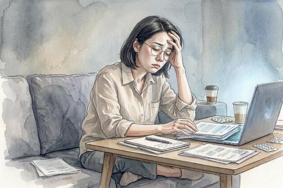 A person sitting on a sofa working on documents and a laptop, holding their forehead with one hand while continuing to work, appearing mentally fatigued and strained in a quiet environment.