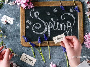 Chalkboard with Spring written on it with flowers in background