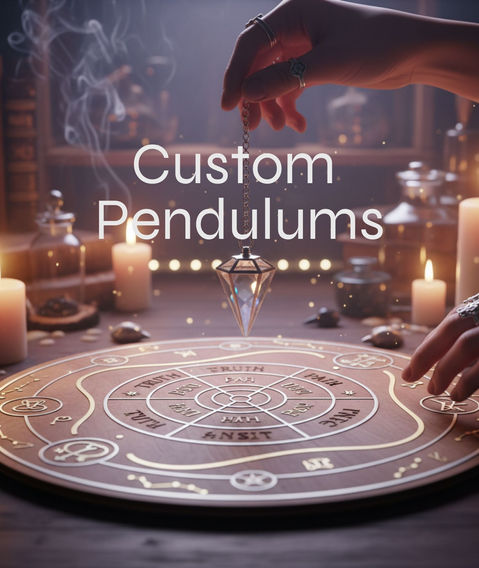 Woman holding a crystal pendulum over a dowsing chart.