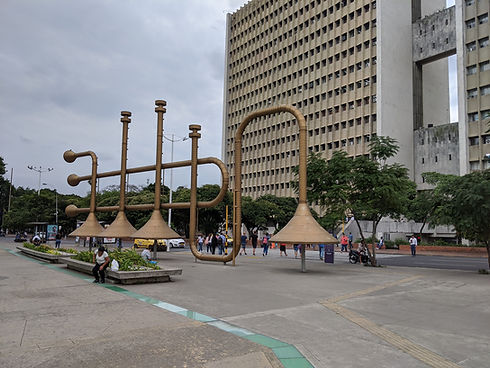 conic trumpet monument Plazoleta Jairo Varela downtown Cali Colombia