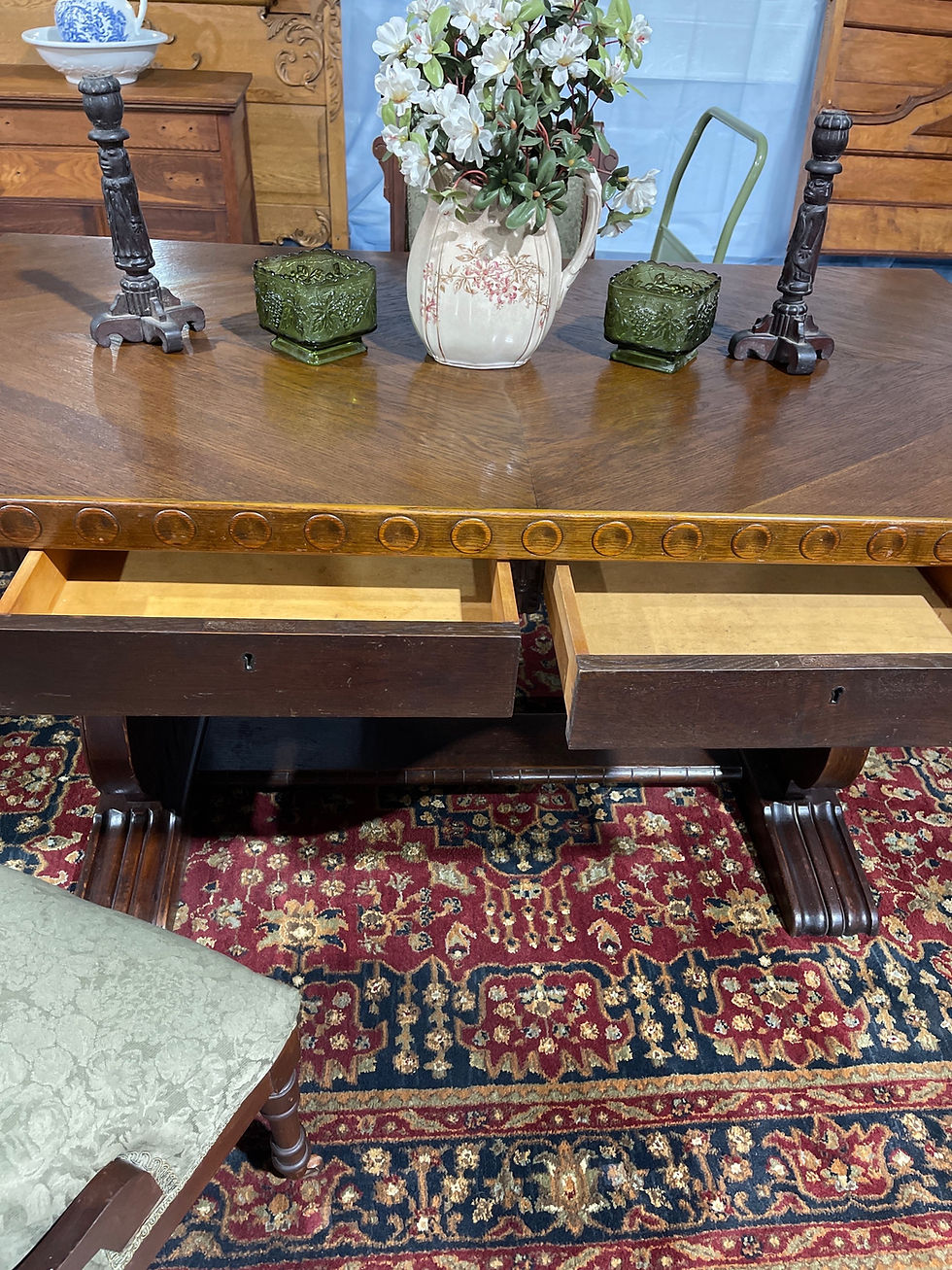 Thumbnail: Antique Danish Renaissance table with 2  antique chairs. 