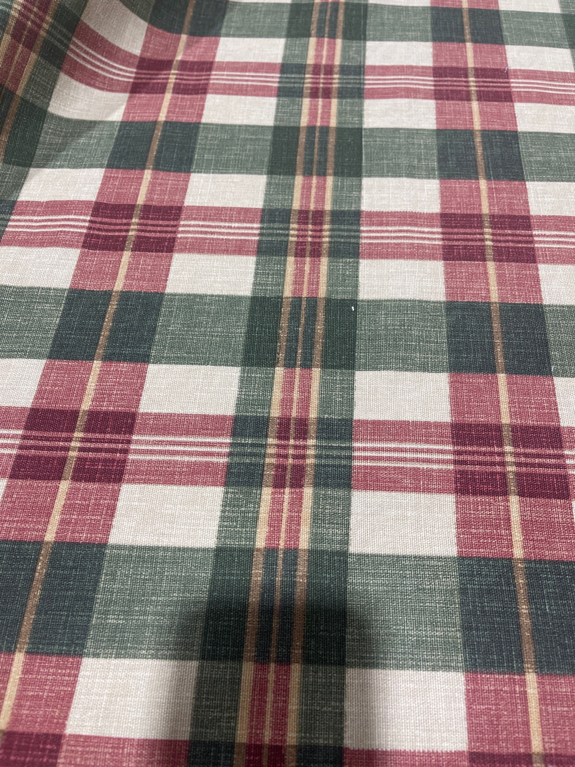 Red green tan plaid linen