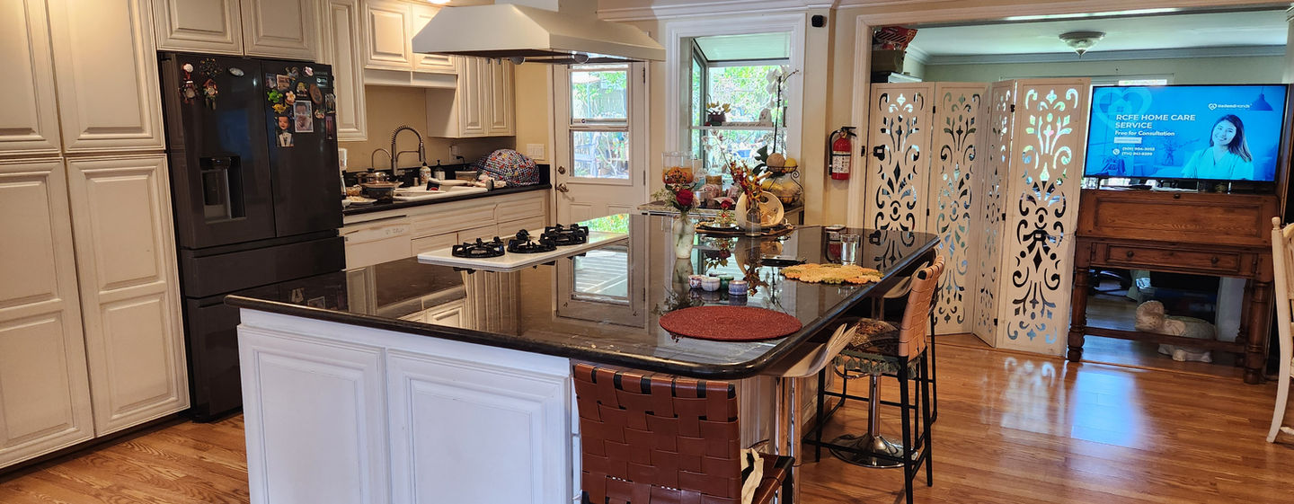Our large, fully equipped kitchen is the heart of Healing Hands Home. Residents enjoy fresh, home-cooked meals daily, with room to gather, chat, and feel at home.