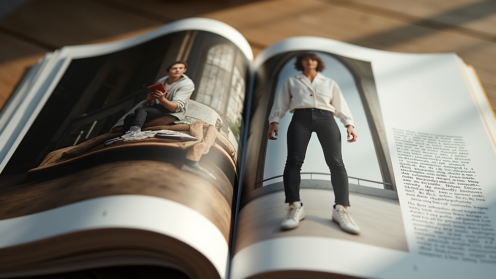 Eye-level view of a luxury magazine spread featuring high-end fashion and design