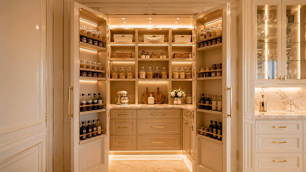 Luxury custom pantry with warm LED shelving and built-in cabinetry