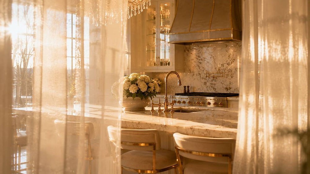 Luxury kitchen viewed through sheer curtains with warm lighting