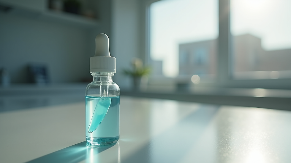 Close-up view of an eye drop bottle with a blurred background