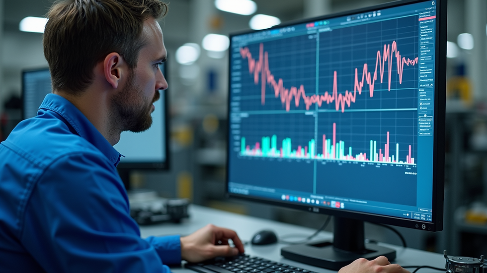 Vista a la altura de los ojos de un ingeniero de fiabilidad analizando datos de pruebas de vibración en la pantalla de un ordenador.
