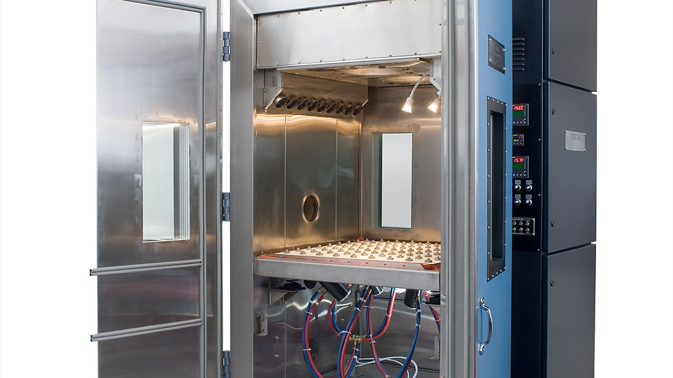 Industrial oven with open door, revealing interior shelves and wires. Metallic exterior with blue accents against a plain white background.