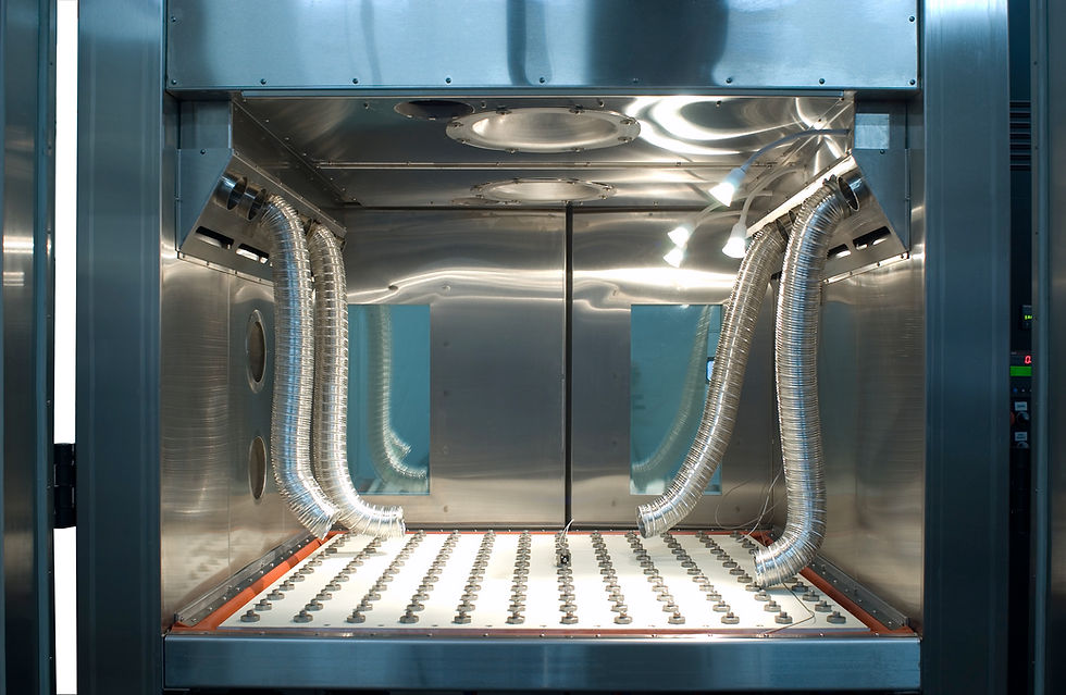 Eye-level view of HALT testing chamber with electronic device inside