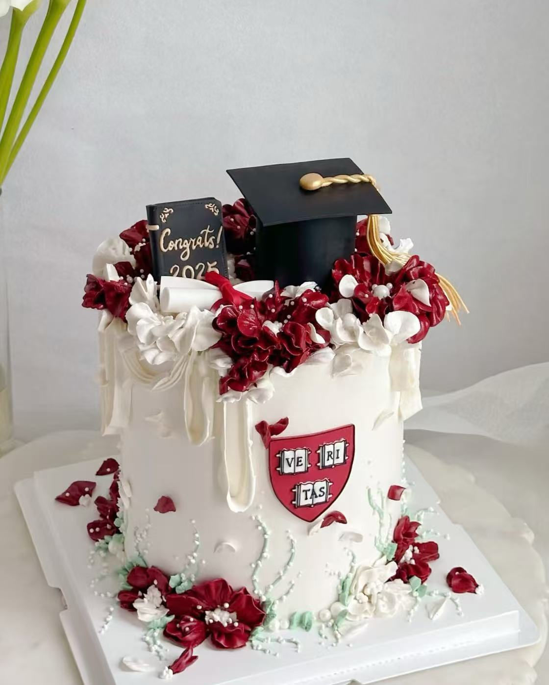 Graduation Cake Red Flowers Extra Tall