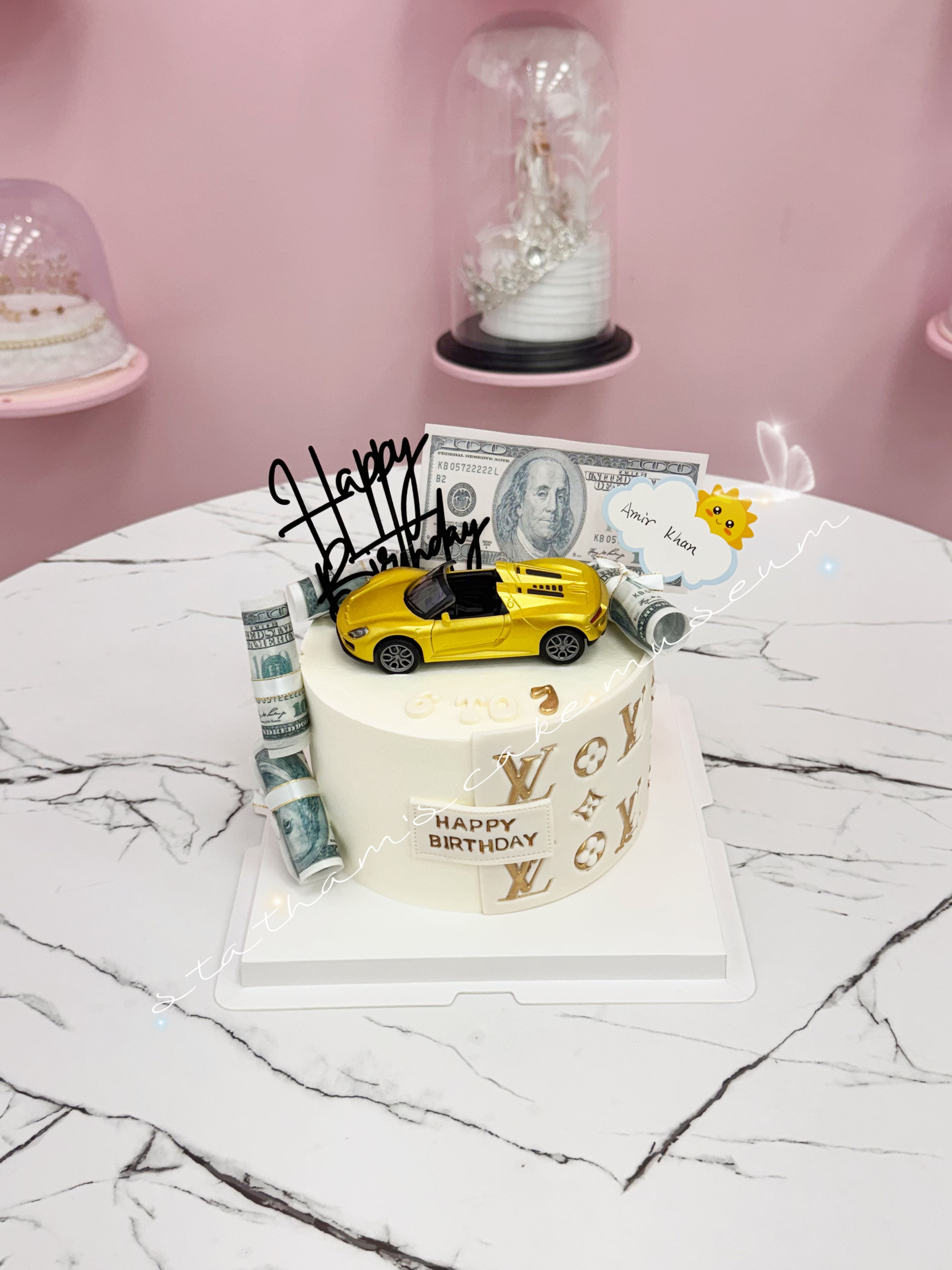 Semi-fondant handmade golden sports car & edible money Birthday Cake