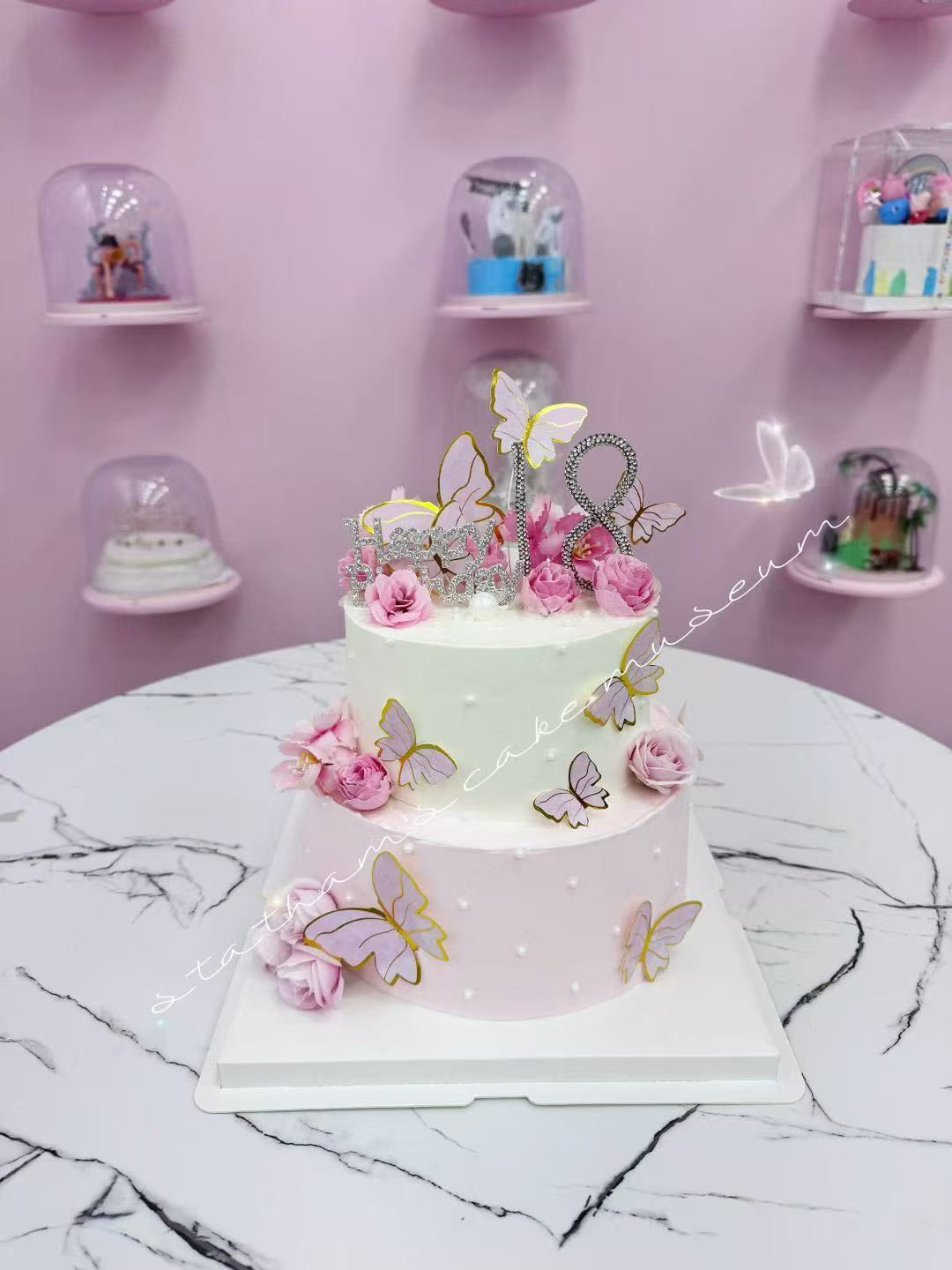 Pink&White Butterfly Birthday Cake - mutible layers