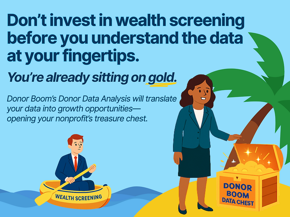 Illustration with bold text that reads: “Don’t invest in wealth screening before you understand the data at your fingertips. You’re already sitting on gold.” Below, supporting text says: “Donor Boom’s Donor Data Analysis will translate your data into growth opportunities—opening your nonprofit’s treasure chest.” On the left, a worried man in a suit rows a small yellow boat labeled “Wealth Screening.” On the right, a smiling woman in a blazer opens a glowing treasure chest under a palm tree, labeled “Donor Boom Data Chest,” filled with gold.