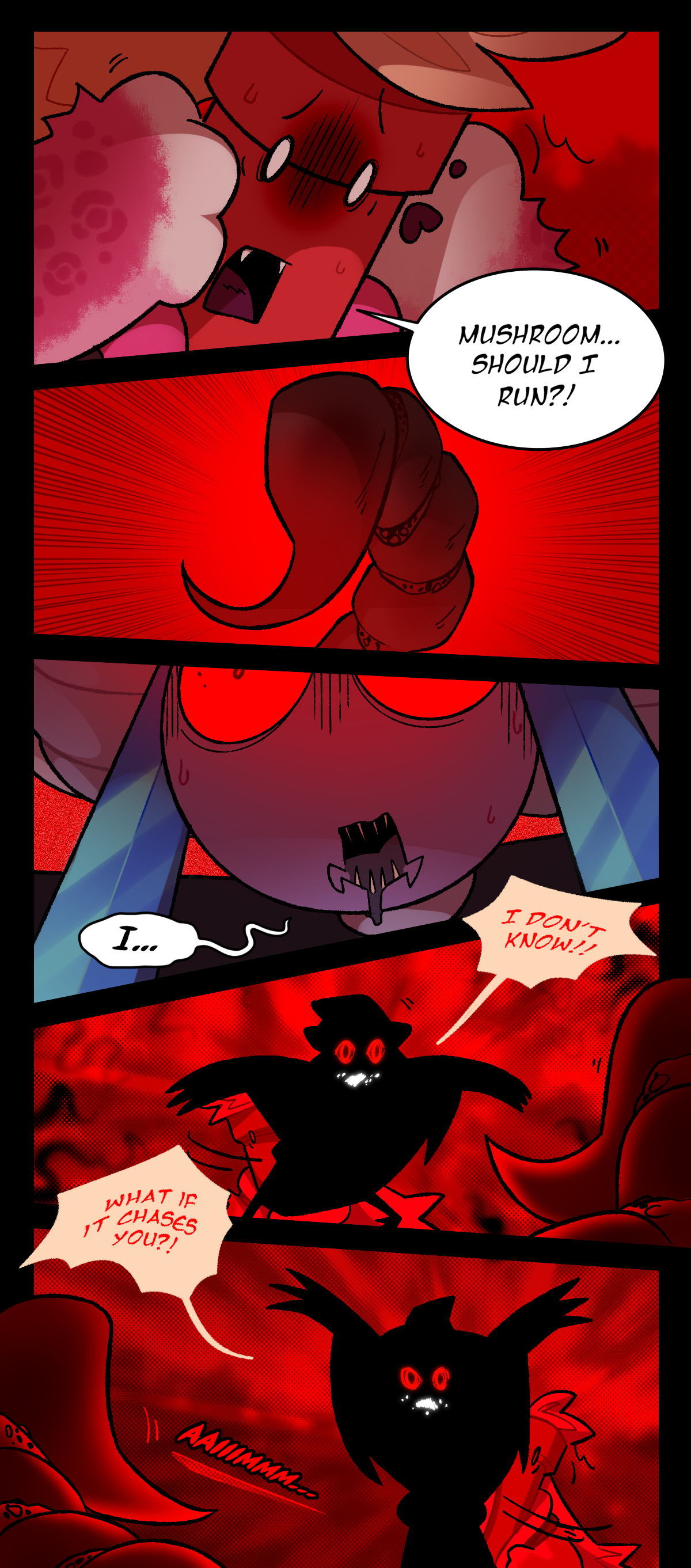 Dynamite asks, Mushroom, should I run? Mushroom says, I, I don't know! What if it chases you? Text says aim as the assimilated object tries to aim its stinger at Dynamite.