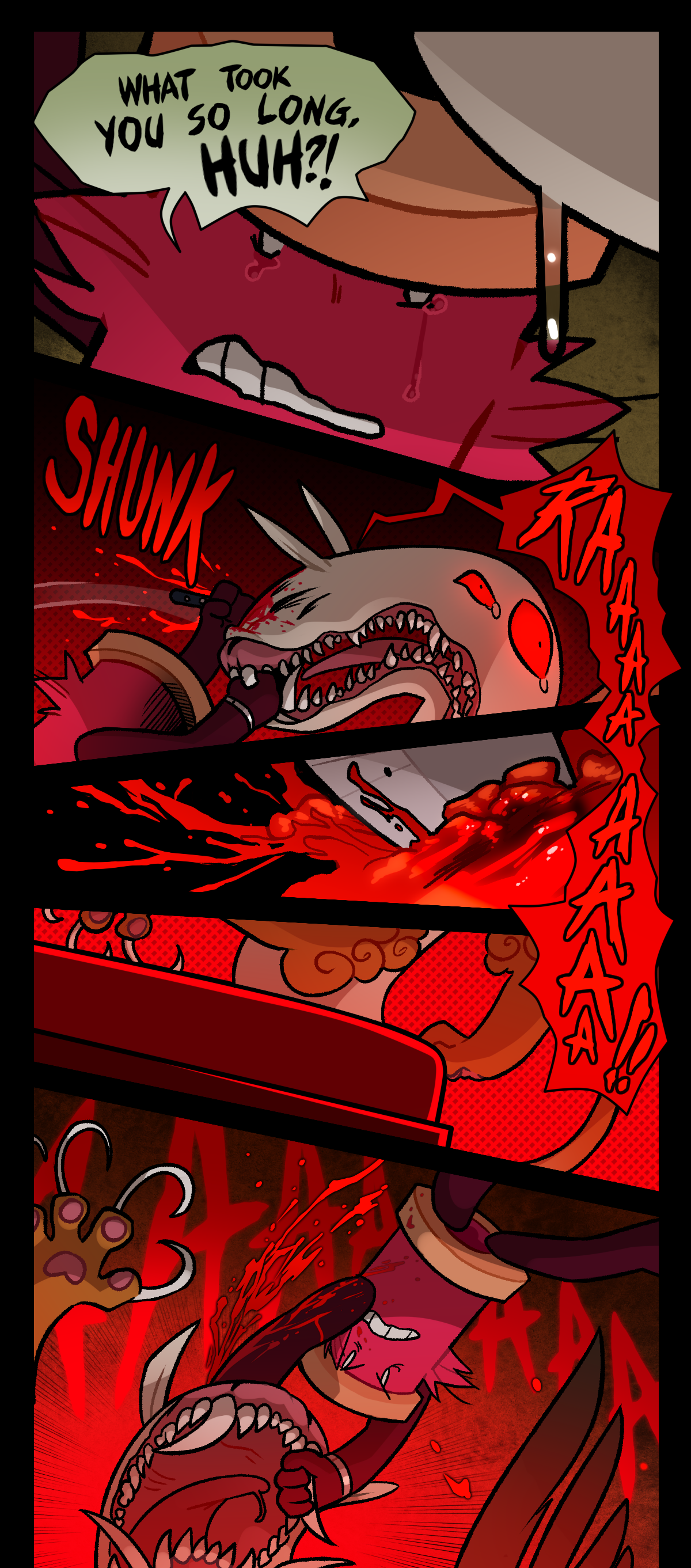 Spool shouts, What took you so long, huh? Spool stabs Body pillow in one of his eyes while grabbing on to one of his long fangs. The knife makes a shunk sound while Body pillow roars. A shot shows the reader the knife plunged into Body pillow's red eye. Body pillow begins thrashing while Spool holds on