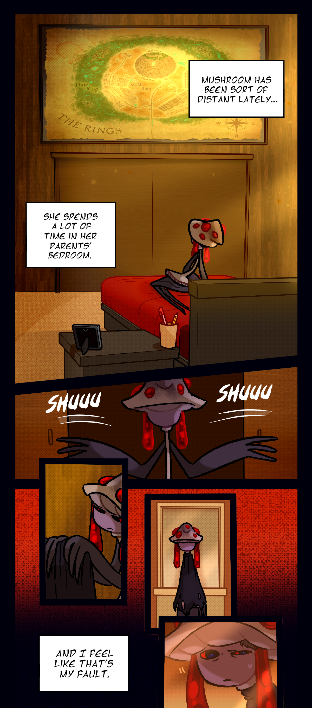 A map of The Rings is framed on the wall. Text boxes read, Mushroom has been sort of distant lately. She spends a lot of time in her parents' bedroom. And I feel like that's my fault. Text describes the sound of closet doors opening.