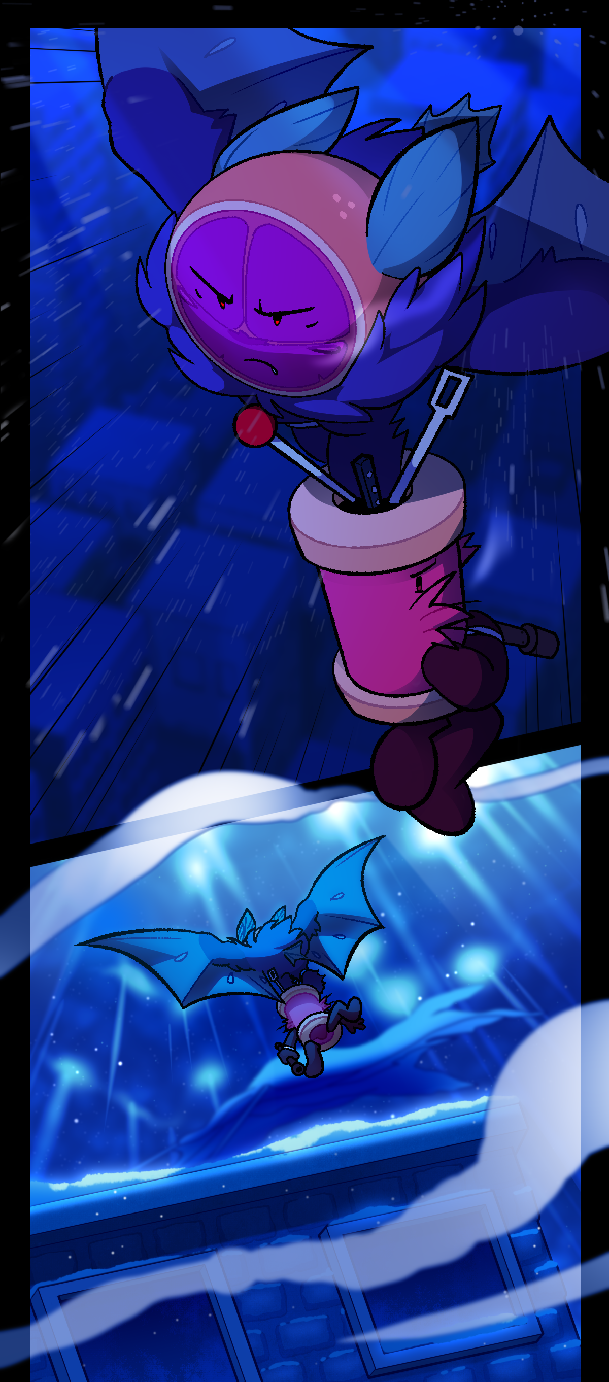 Citrus is carrying Spool over the city during Coldwave. They fly to the roof top, where the hanging tarp is now torn and blowing in the wind. The sky is full of storm clouds with beams of light piercing through.