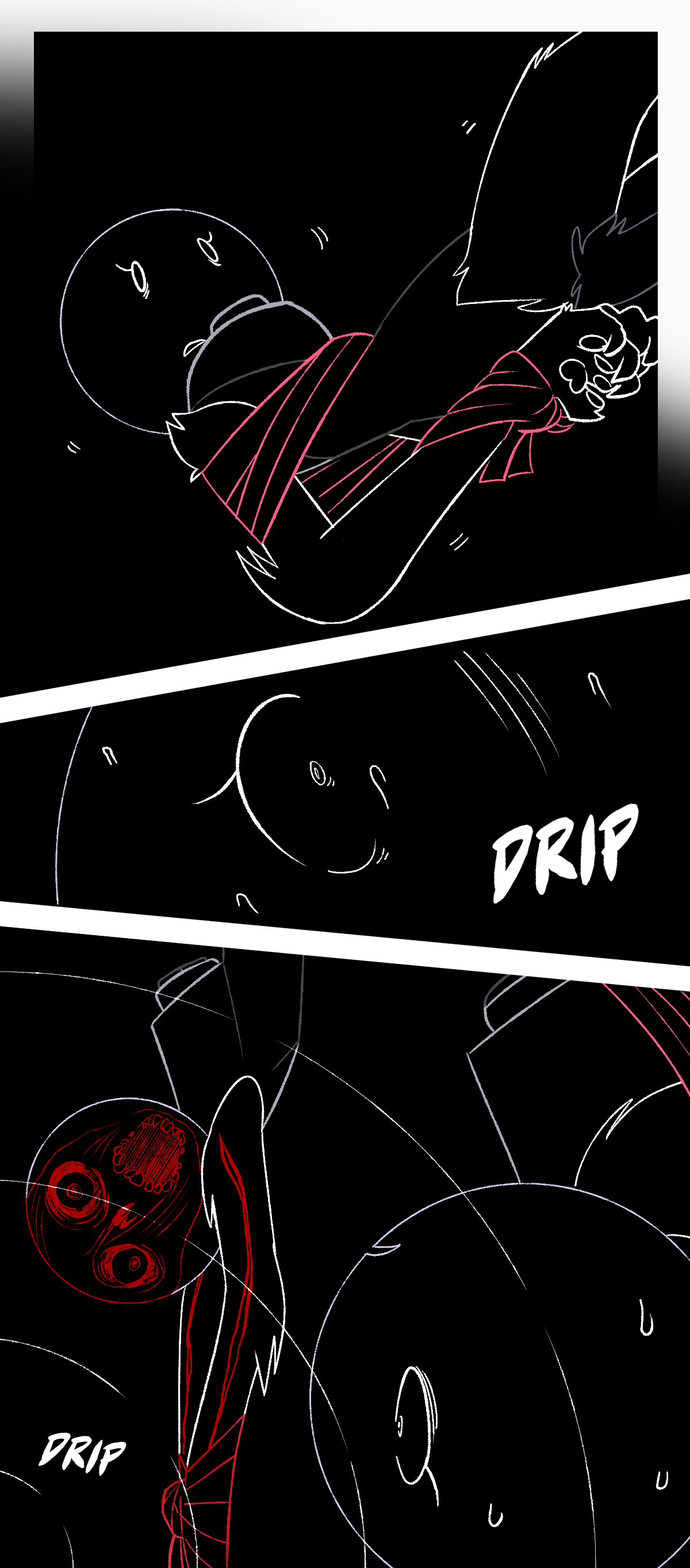 Wanda struggles, it is now apparent that she is upside down and tied up with gauze. She looks disturbed as she hears another drip and begins sweating. She becomes still, realizing that her own corpse is hanging next to her. Her own skinned face has been turned to face her direction.