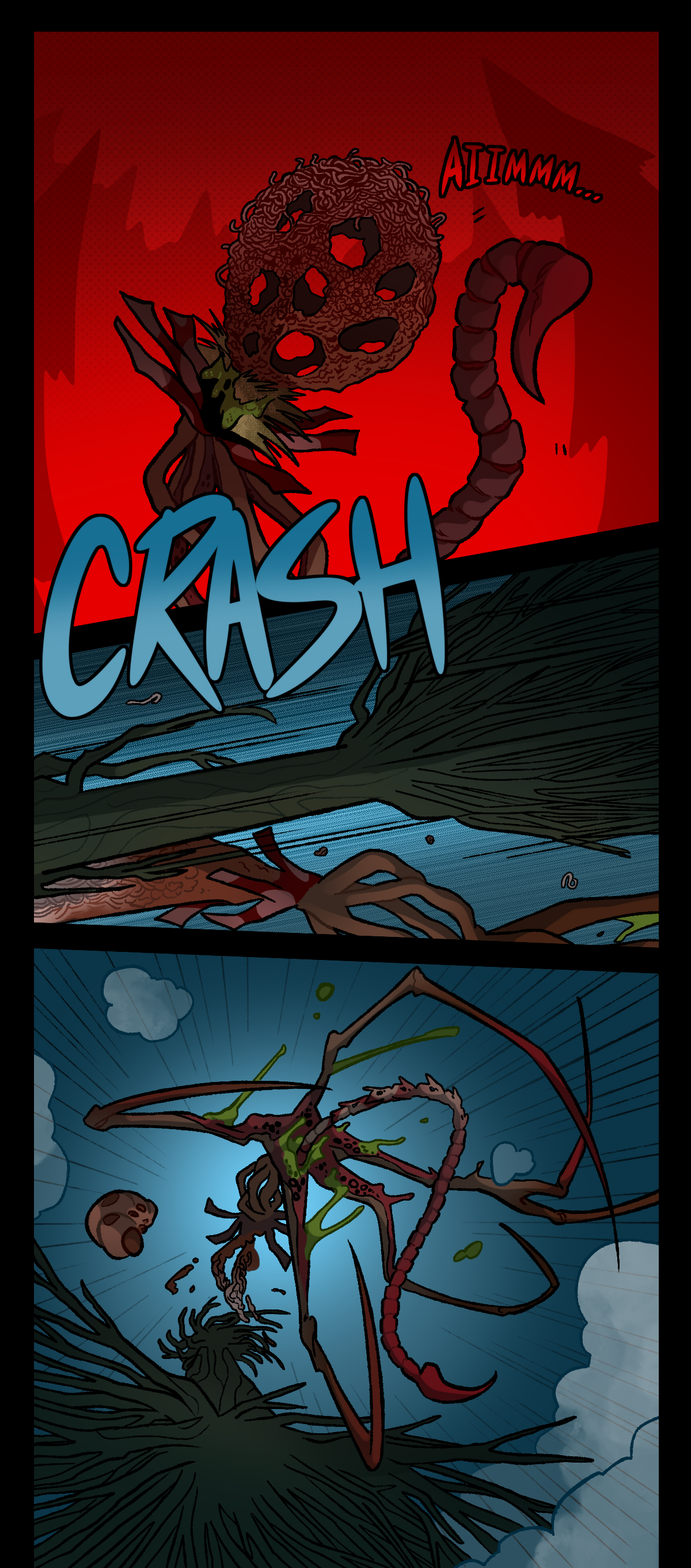 It carefully aims its stinger before being hit with a tree. Text says crash. The assimilated object is launched backwards by the force of the tree.