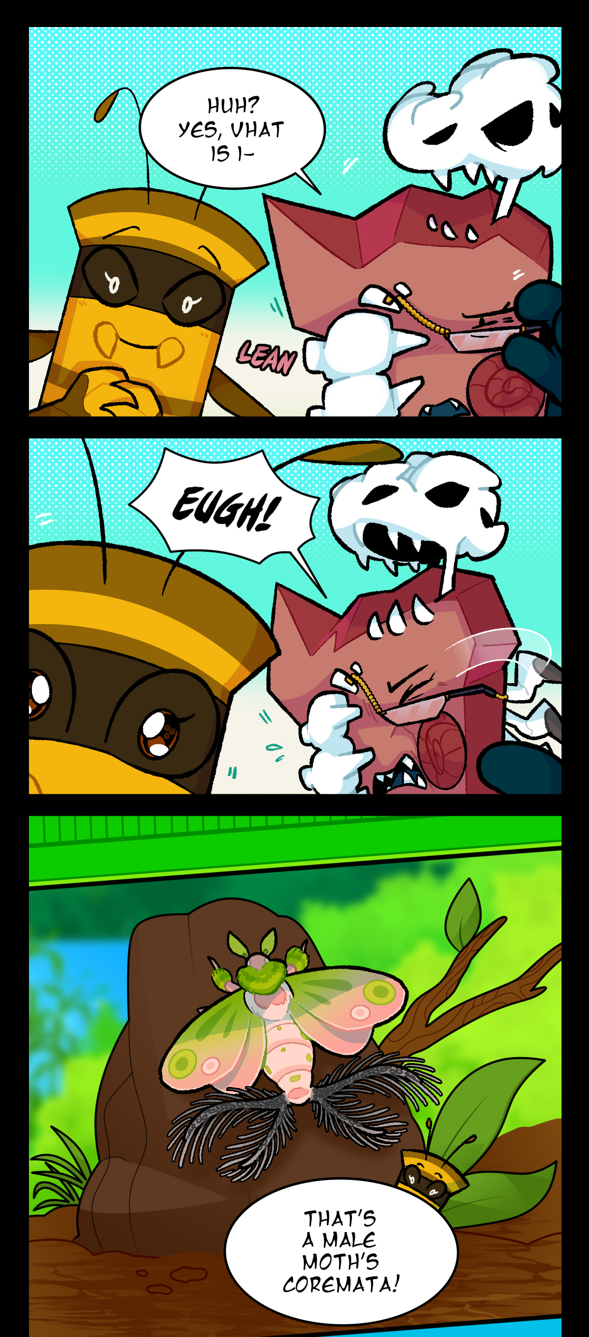 Fossil approaches at Pushpin's side, reaching up to adjust her single glasses lens. As Pushpin smiles with her hands clasped, Fossil leans in with text beside her reading, lean. Eye narrowed, she asks, Huh? Yes, what is it, only to cut herself off with an, Eugh! as she recoils in disgust. Pushpin, eyes glittering, doesn't seem to share her disgust, leaning in further as she explains, That's a male moth's coremata! There's a close-up shot of a moth sitting on a rock, its four coremata, large pheromone glands with feathered edges, fanned out from the tip of its abdomen.