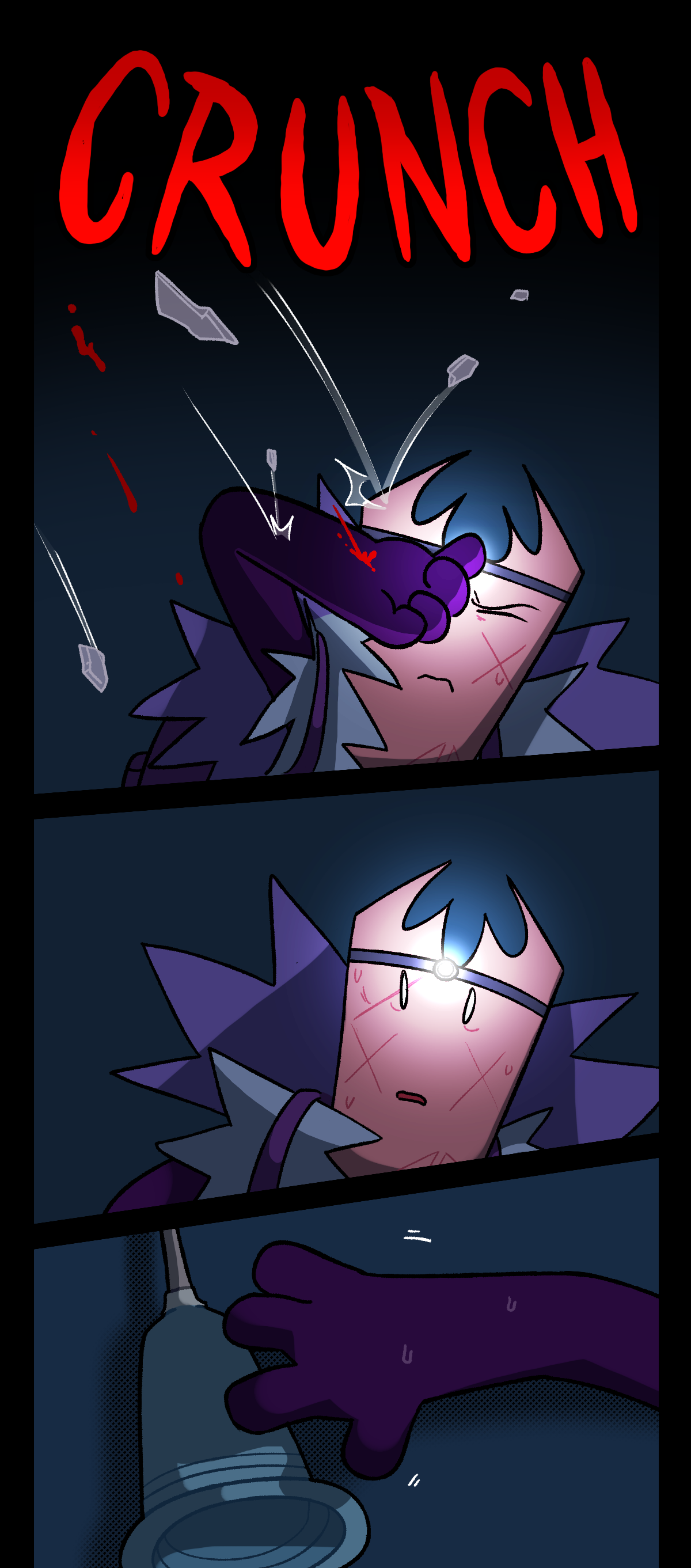 Text says crunch as Gum shields her face from blood and plastic shards. She reaches for her weapon.