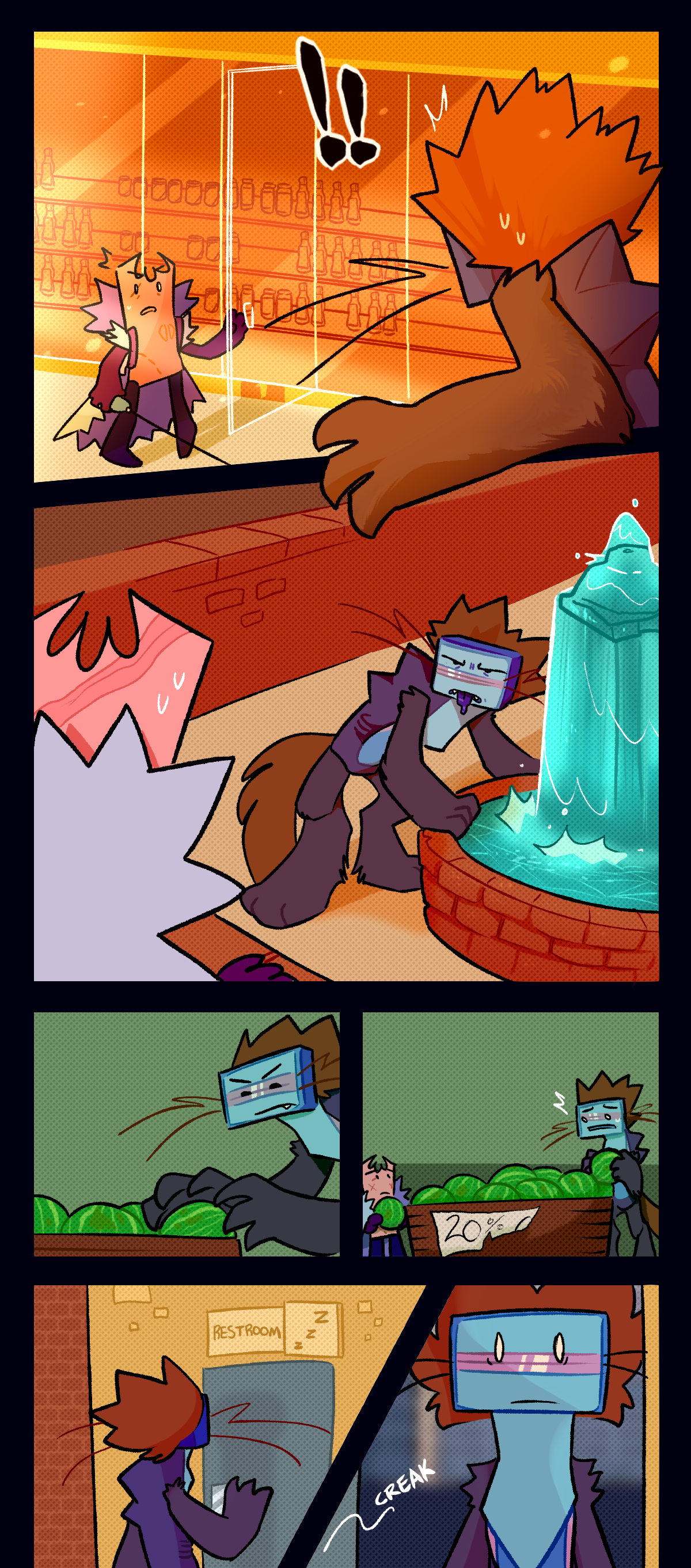 
But then, they just keep encountering each other. First Razor spots Gum as she's heading into a store, then Gum spots Razor drinking from a plaza fountain, then they see each other grabbing watermelons from a grocery store bin. Finally, Razor pushes open the door to a room labelled, Restroom, with another sign next to it with three Z's.