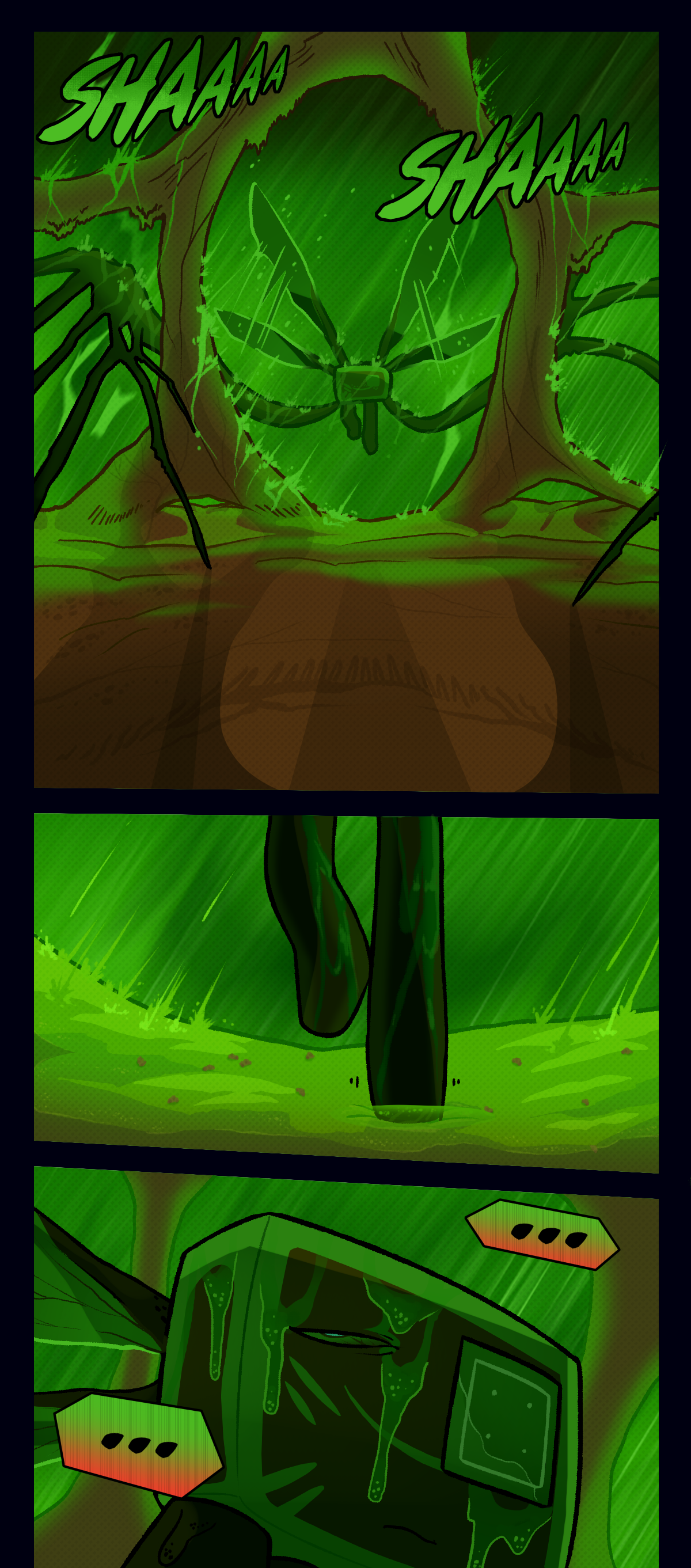 
More loud rain text. Hokkaido lands on the bed of a hive floor while his foot sinks into a puddle of egg slime. He is soaked with slime and faces forward, unconscious.