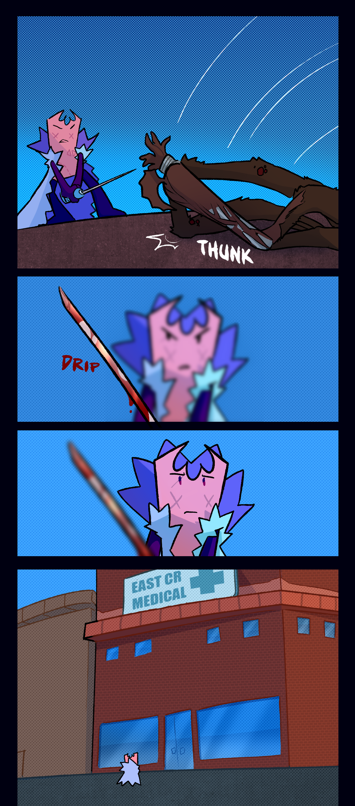 Then, it falls to the ground with a thunk. Gum watches the blood drip from her sword before looking away, showing that she's standing in front of a hospital. The sign says, East C R Medical.
