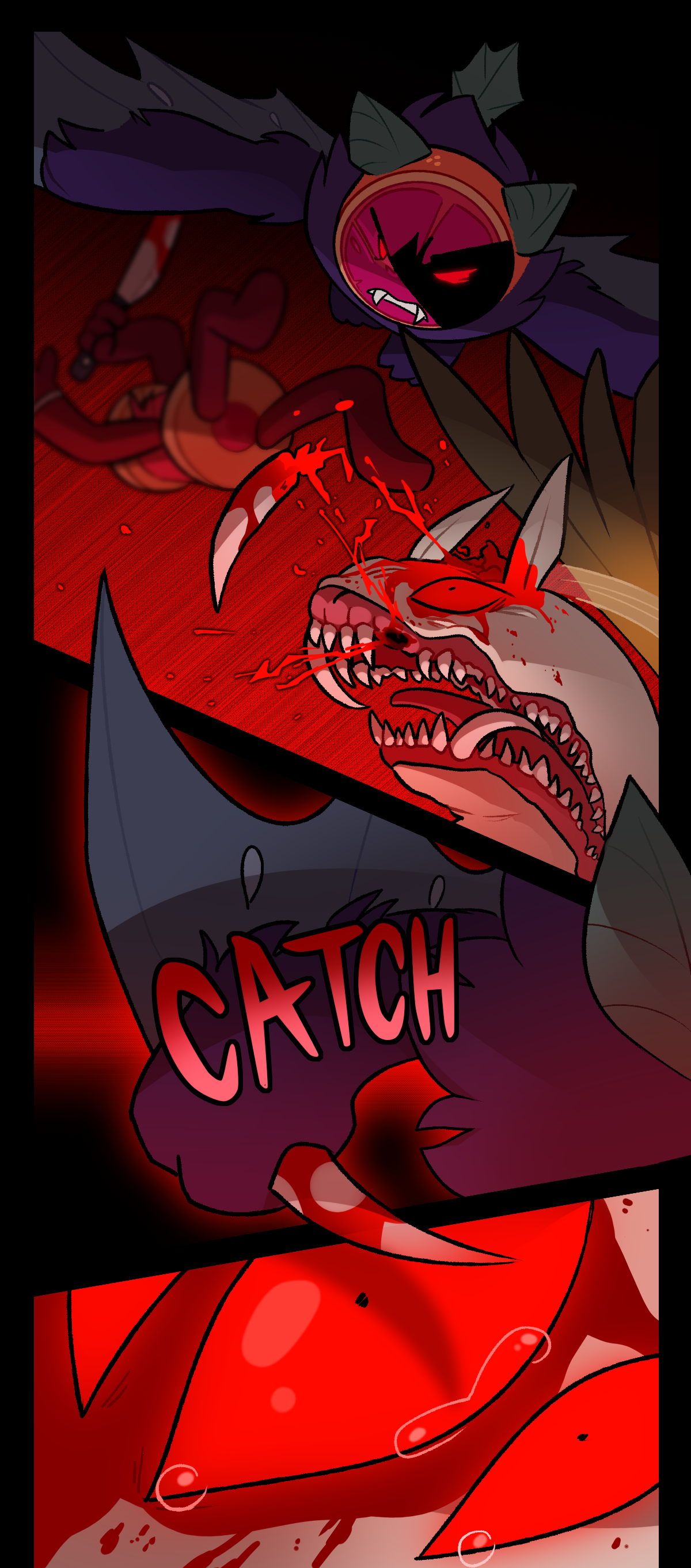 Spool is flung off, tearing the fang from Body pillow's mouth. Citrus descends towards Body pillow, grabbing the tooth. Text says catch. The shadow of the tooth is casted over one of Body pillow's other eyes.