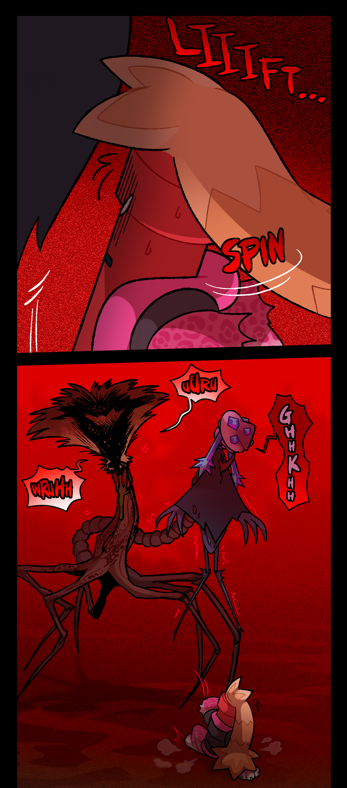 Text says lift as Mushroom is lifted from the ground. Dynamite turns around to look at her, text says spin. Mushroom gurgles as she's lifted higher after being impaled through her cloak. The assimilated object groans.