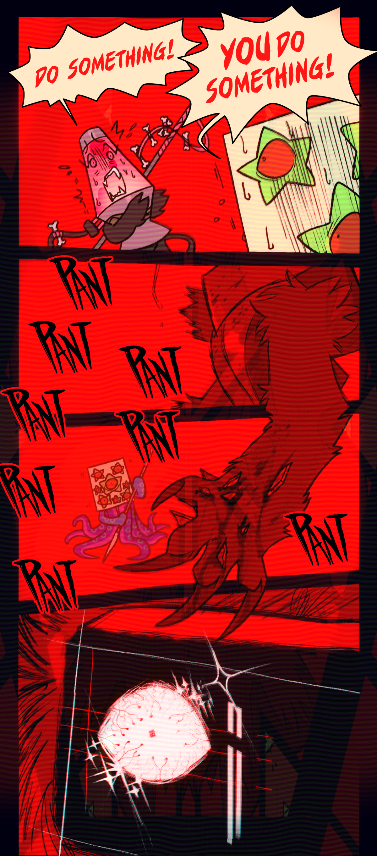 Lava Lamp shouts, do something! Sticker Sheet shouts, you do something! Text repeats the word pant.