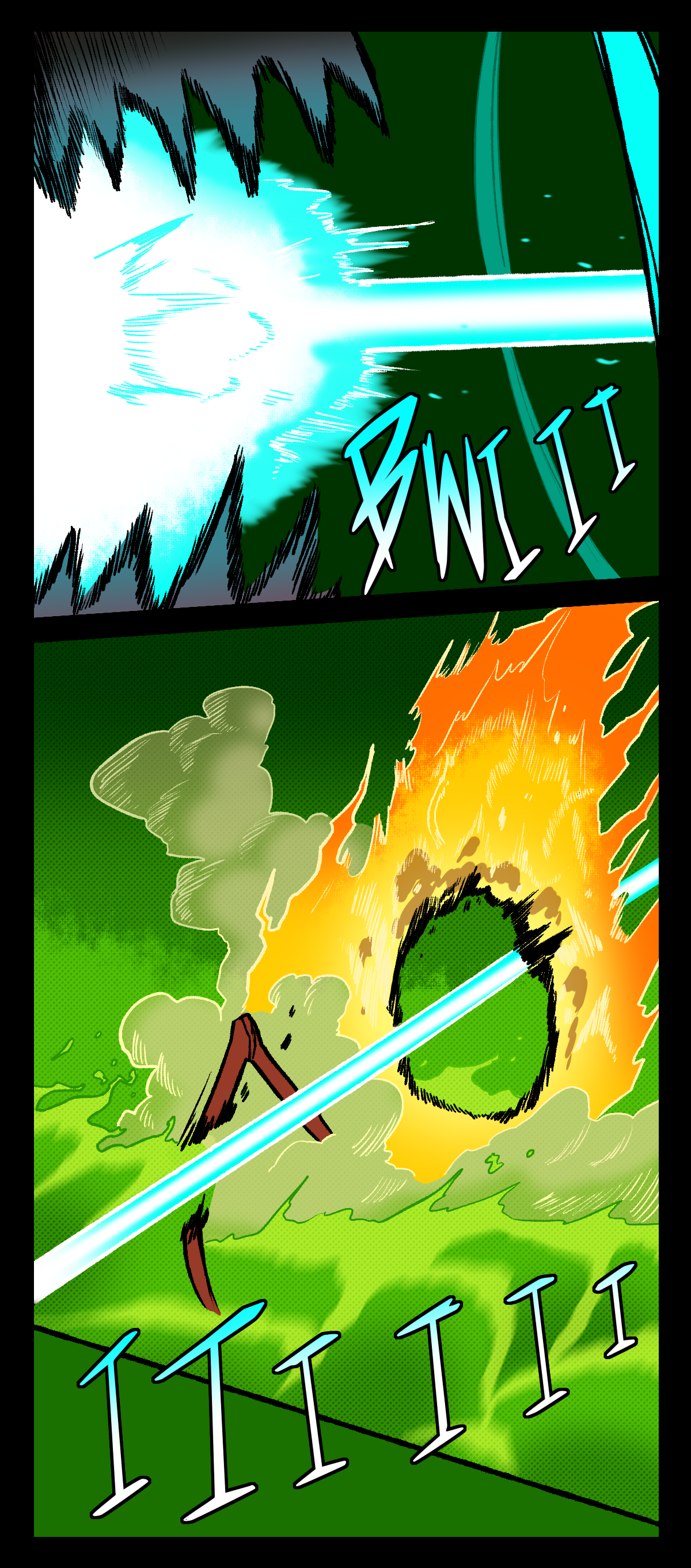 The fire breath gets hotter and turns blue, concentrating into a beam. The text describes the sound the laser makes, kind of like ringing. It sets Cone ablaze and blasts a hole through him. The sound of ringing continues.