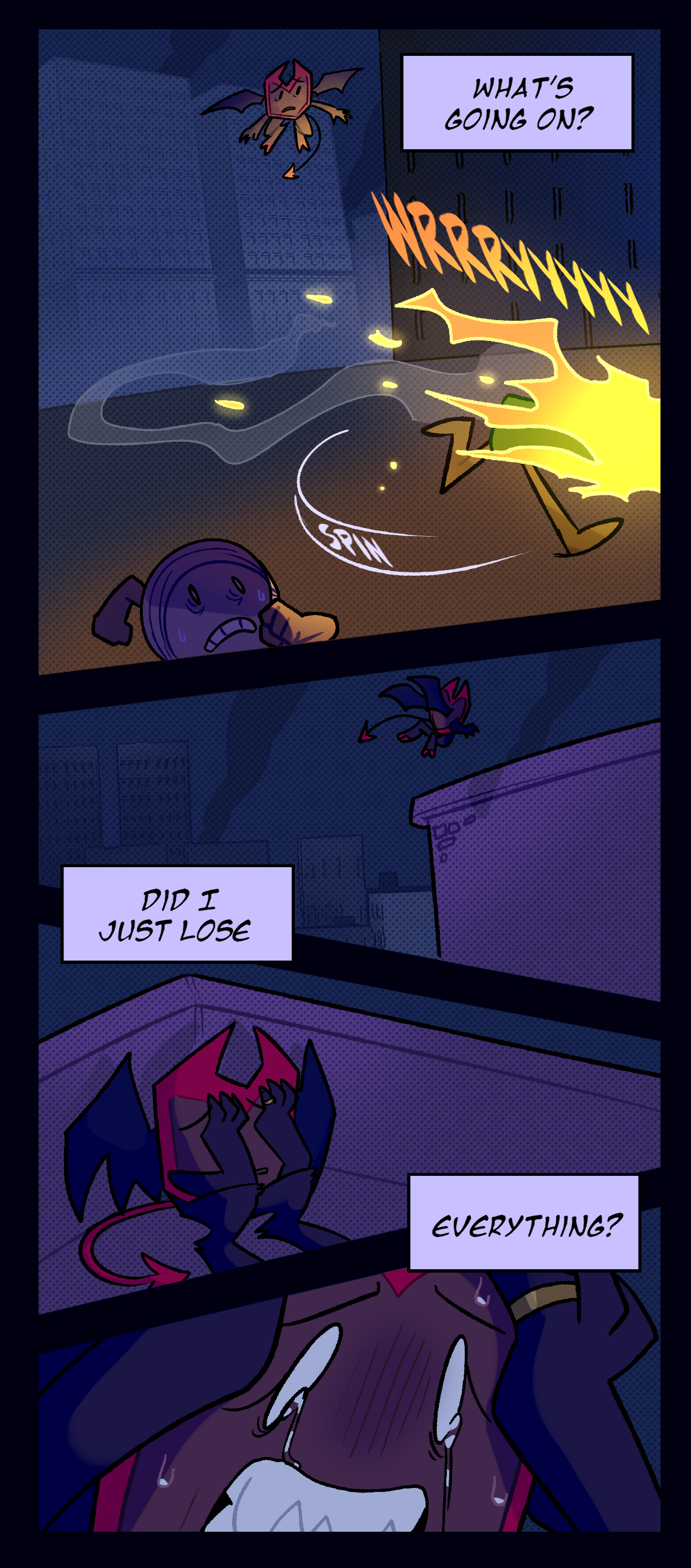 Dragonscale thinks, What's going on? The mutated object swerves and runs off in another direction while the reporter escapes. Dragonscale flies up to a rooftop, sinking to the ground with her hands over her eyes. The next panel zooms in close to her crying and panicking as she thinks, Did I just lose everything?