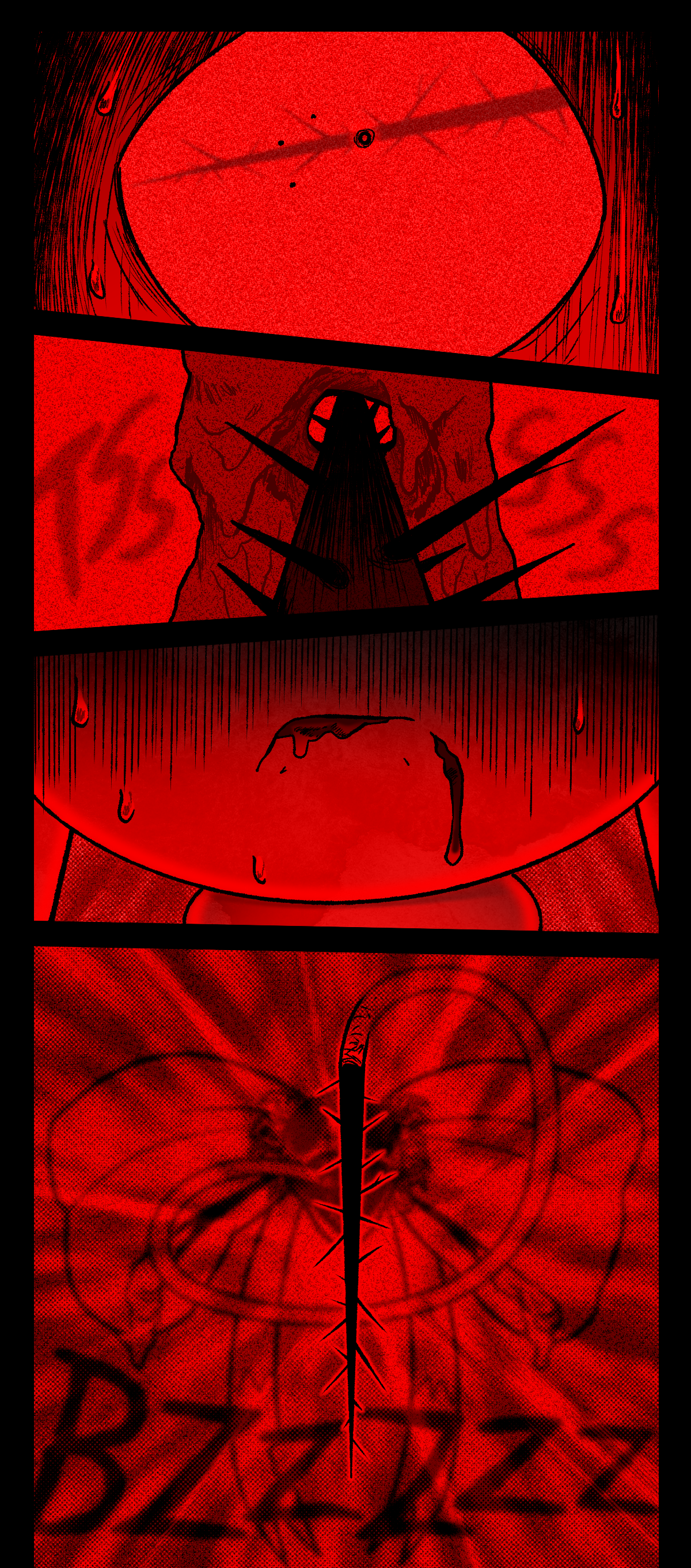 Mushroom begins sweating as the page turns a deeper red. Mushroom remembers her own melting torso from when the Shroud killed her. Vomit seeps from her mouth and runs down her face. All that Mushroom can see is the Shroud's spine.