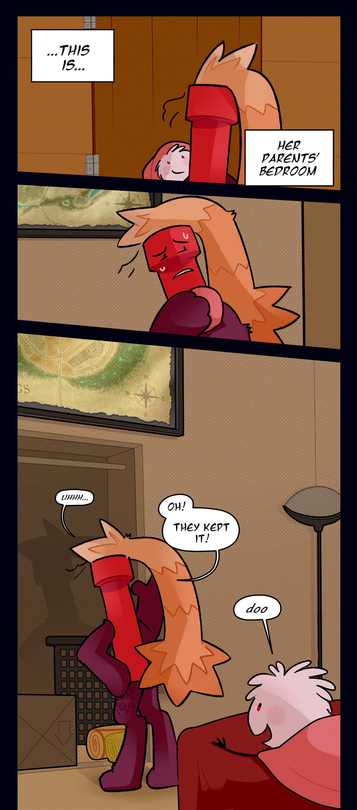 Dynamite stands in front of a door and thinks, This is, her parents' bedroom. Dynamite enters and looks through their closet. He says Uhhh, Oh! They kept it! Spore babbles.