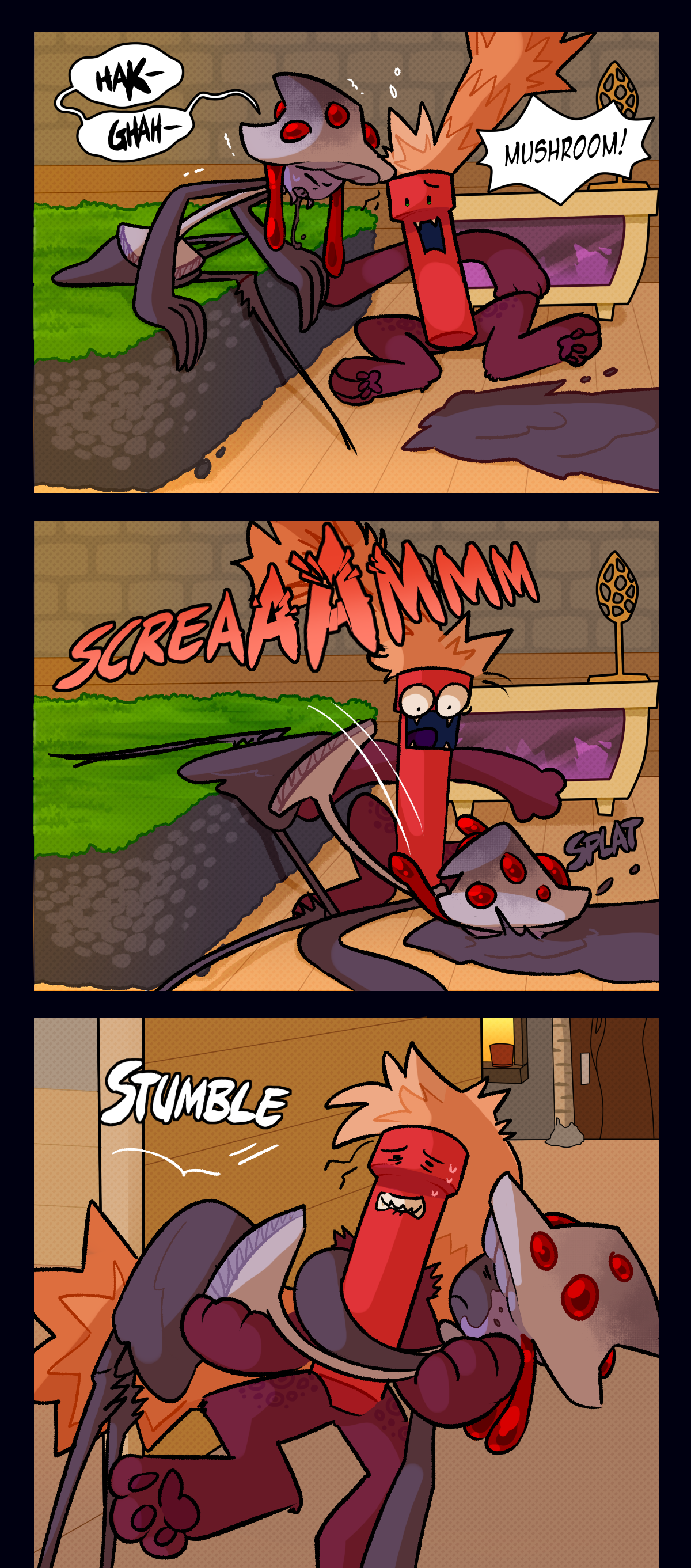 Mushroom continues to gag. Dynamite shouts, Mushroom! Dynamite screams while Mushroom falls forward into her own vomit. Text next to Mushroom says splat. Dynamite carries Mushroom into the hallway. text says stumble. 