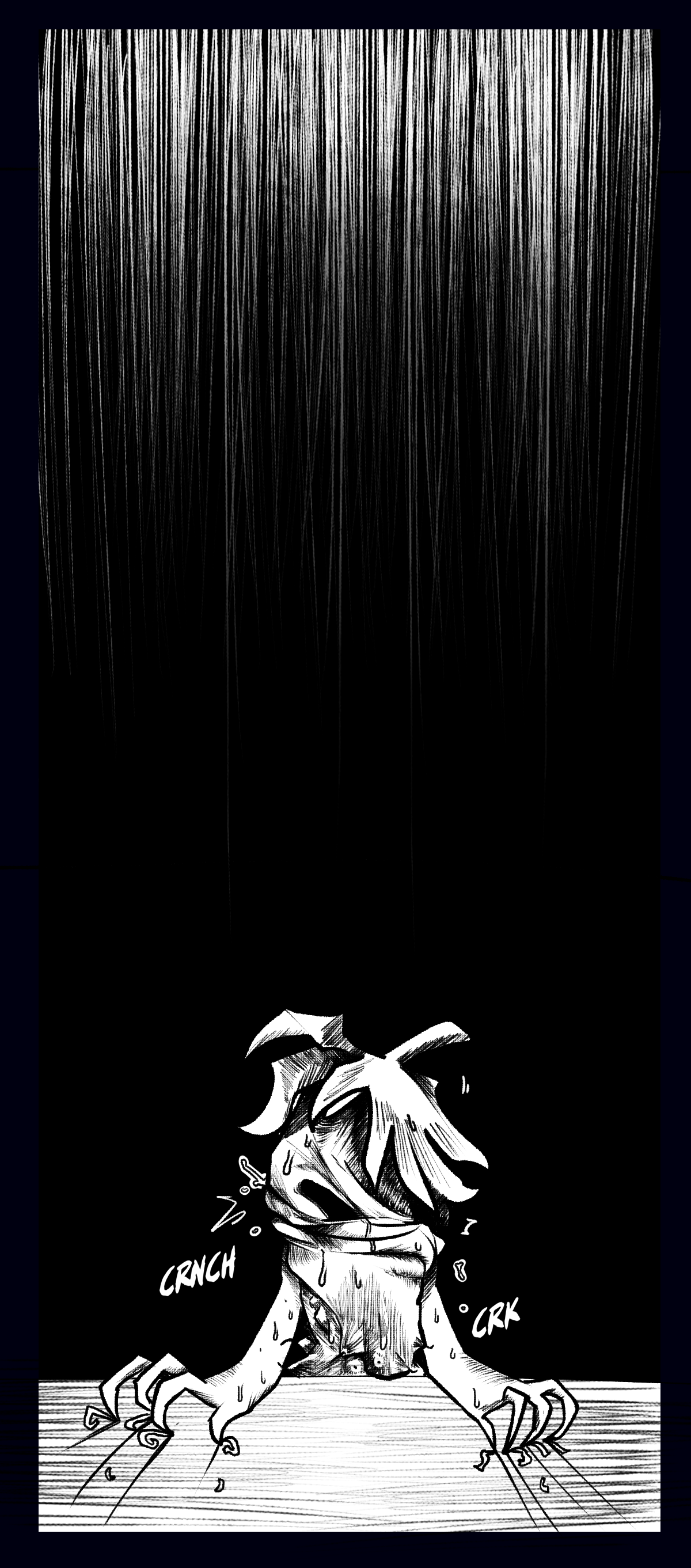 The background darkens to pitch black as Ghost's body twists, crunching and cracking. Her fingers lengthen as they clench, deepening the scratches in the tabletop.