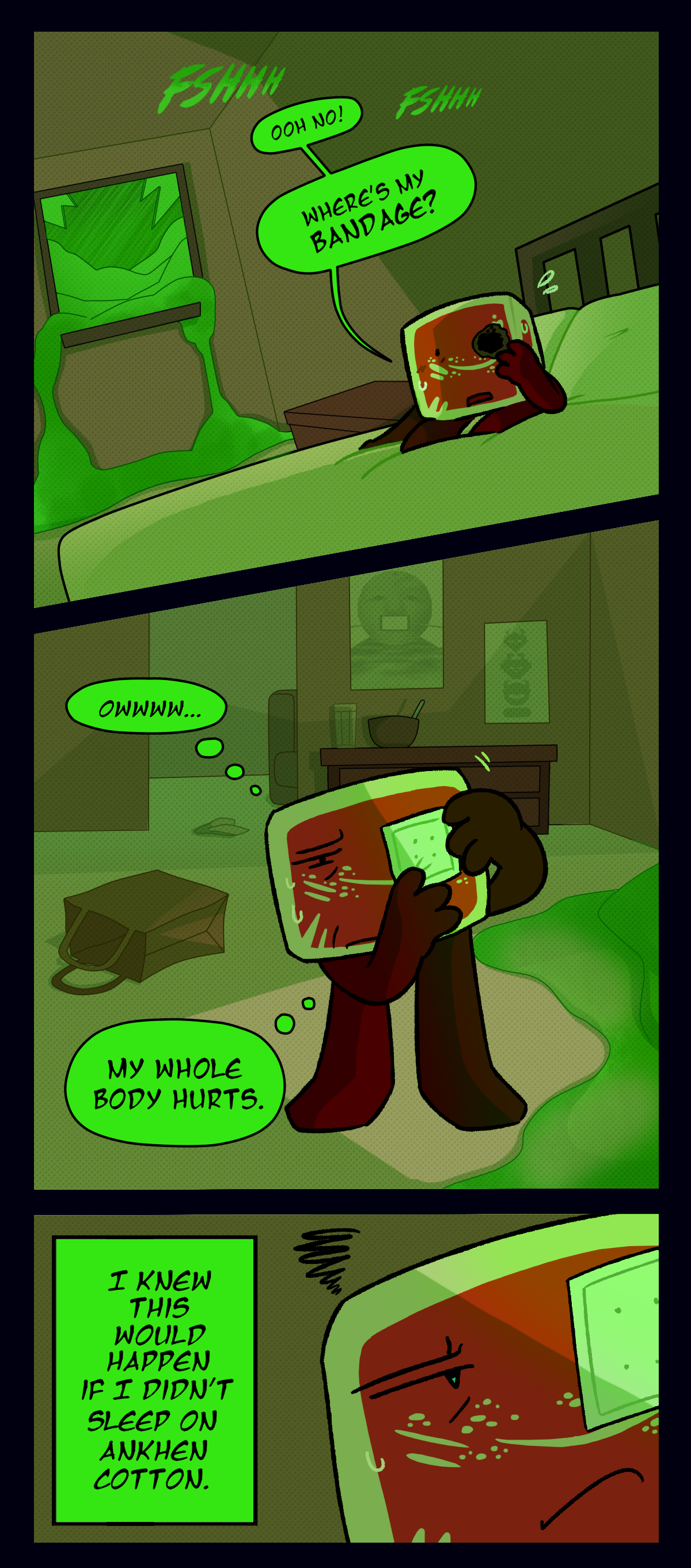 Text describes the sound of heavy rain as egstrom continues. Hokkaido reaches up to his left eye saying oh no! Where's my bandage? Egg slime pours in from the open window. He puts a new bandage on his eye. He thinks ow, my whole body hurts. I knew this would happen if I didn't sleep on Ankhen cotton.